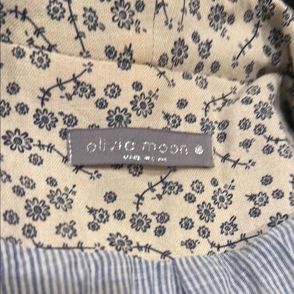 Olivia Moon Cream Blue Floral Print Linen Blend Ruched Sleeve Blazer Jacket - Picture 14 of 16